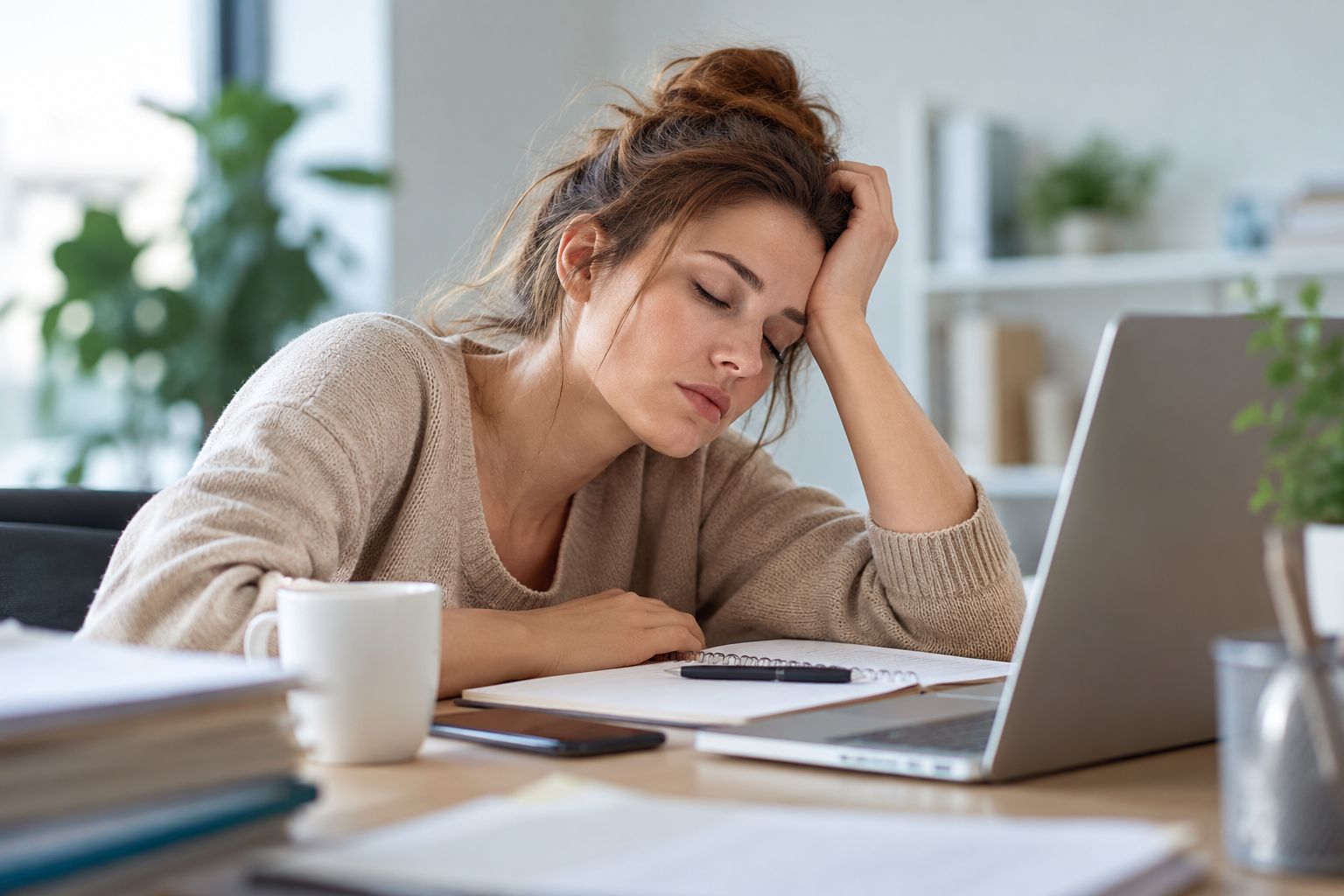 Витаминная капельница — уставшая женщина за ноутбуком